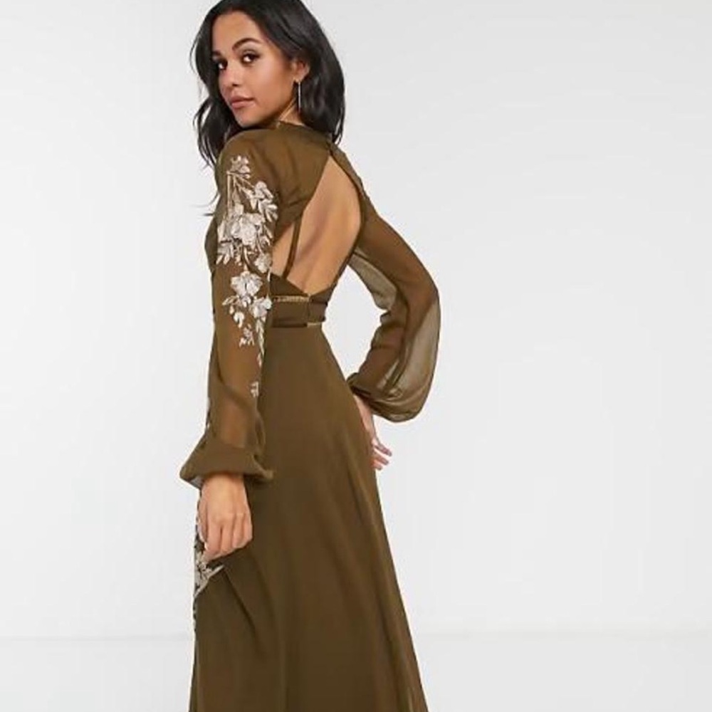 ASOS Olive Green Floral-Embroidered Long Sleeve Midi Dress - Picture 3 of 8